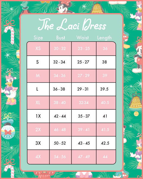 Disney Stitch Shoppe Holiday "Laci" Dress Lifestyle View Size Chart
