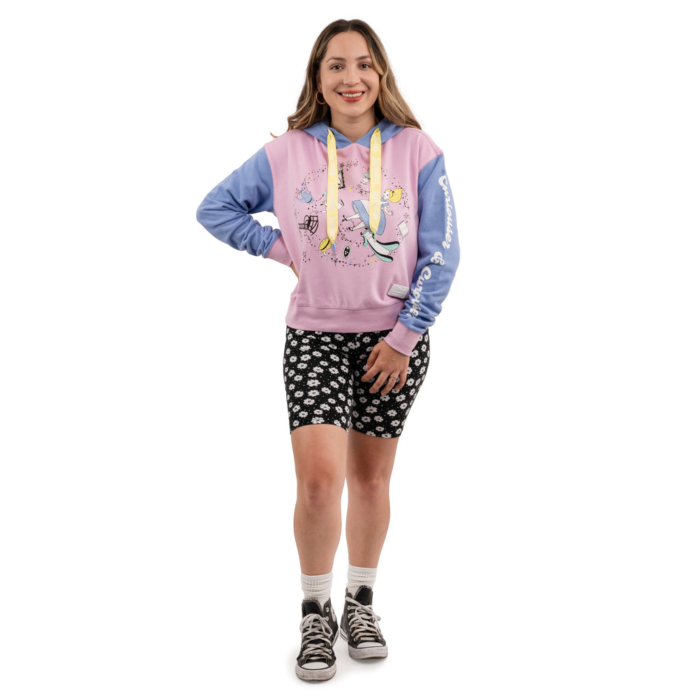 Loungefly Disney Alice in Wonderland Rabbit Hole Crop Hoodie Full Front Model View-zoom