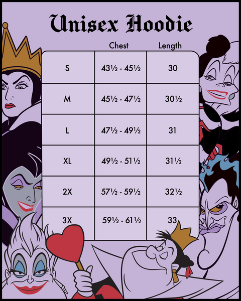 Villains Club Good to be Bad Hoodie Size Chart View