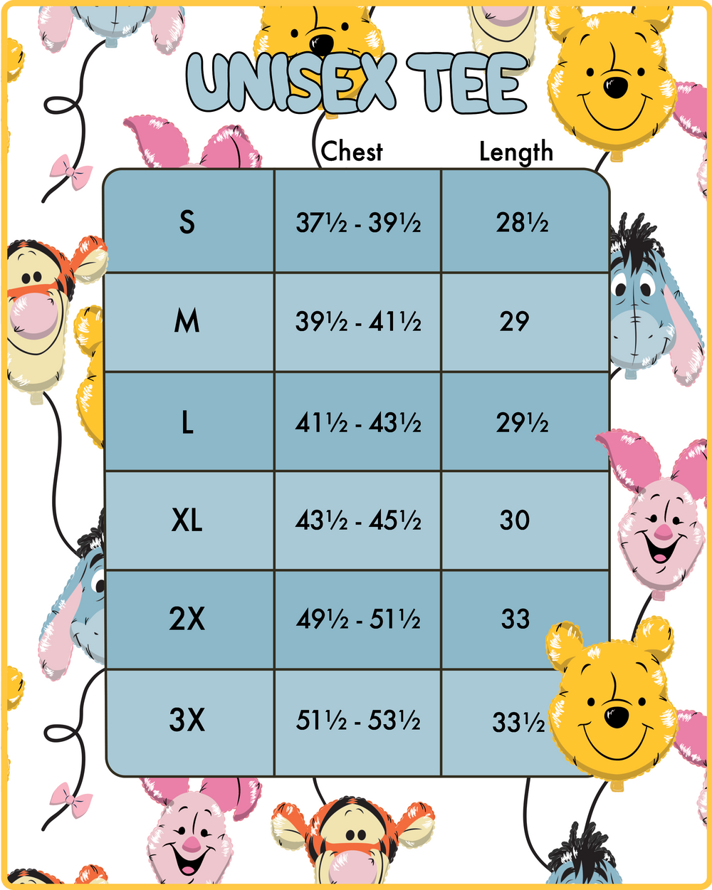 Loungefly Disney Winnie the Pooh & Friends Balloons Print Tee Sizing Chart-zoom