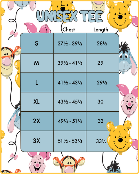 Loungefly Disney Winnie the Pooh & Friends Balloons Print Tee Sizing Chart