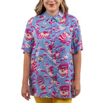 Loungefly Disney Alice in Wonderland Cheshire Cat Camp Shirt Closeup Front Model View