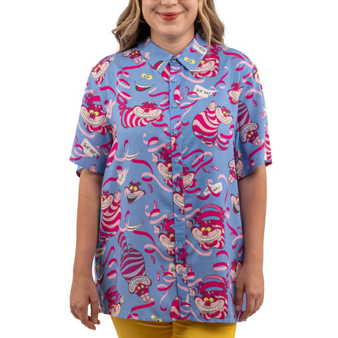 Loungefly Disney Alice in Wonderland Cheshire Cat Camp Shirt Closeup Front Model View