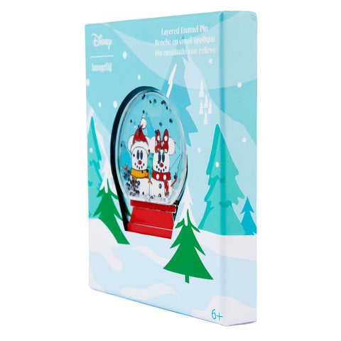 Disney Snowman Mickey and Minnie Mouse Snow Globe Layered Enamel Pin Side View in Box