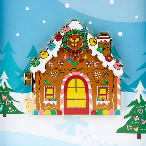Disney Gingerbread House Mickey and Minnie Mouse Hinged Enamel Pin Closeup View