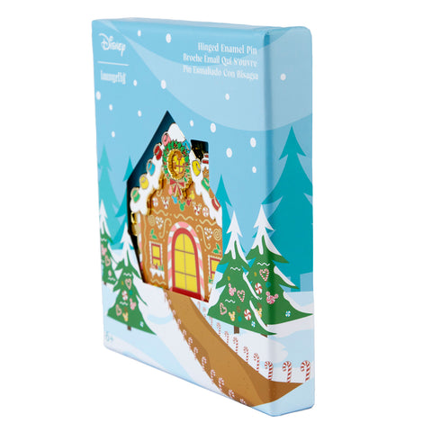Disney Gingerbread House Mickey and Minnie Mouse Hinged Enamel Pin Side View in Box