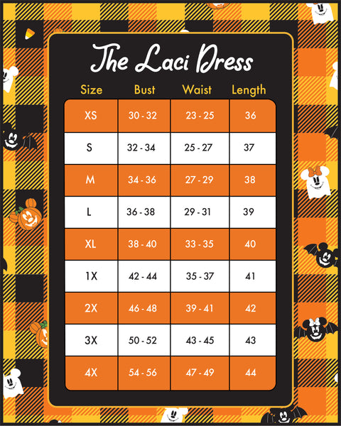 Disney Stitch Shoppe Spooky Minnie Mouse "Laci" Dress Size Chart View