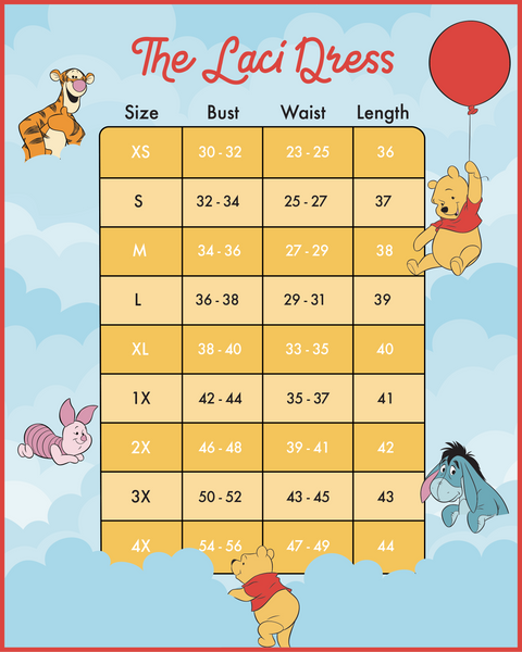 Stitch Shoppe Winnie the Pooh Laci Dress Size Chart View