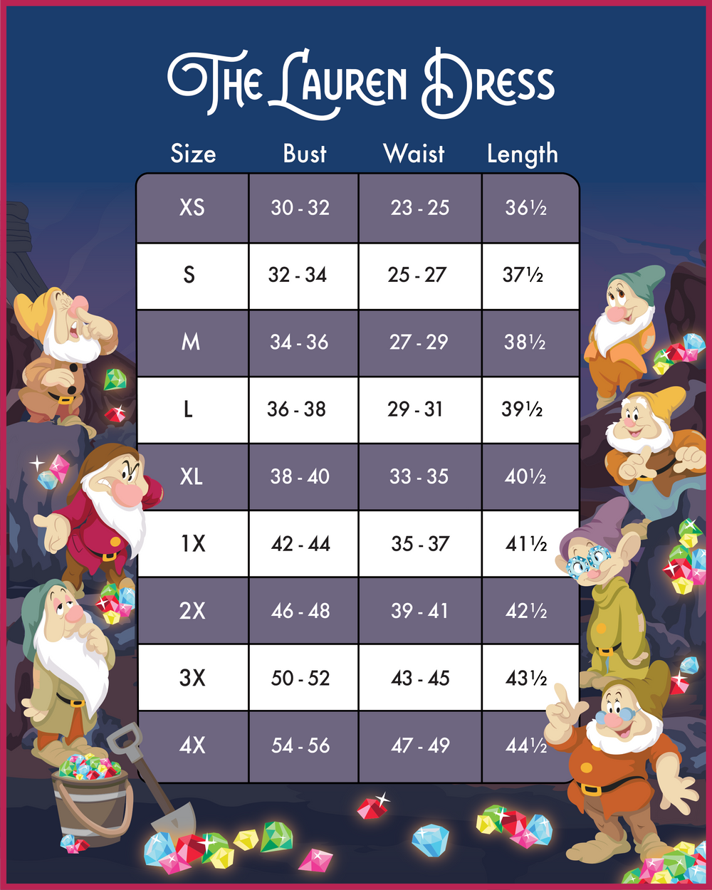 Stitch Shoppe Snow White Lauren Dress Size Chart View-zoom